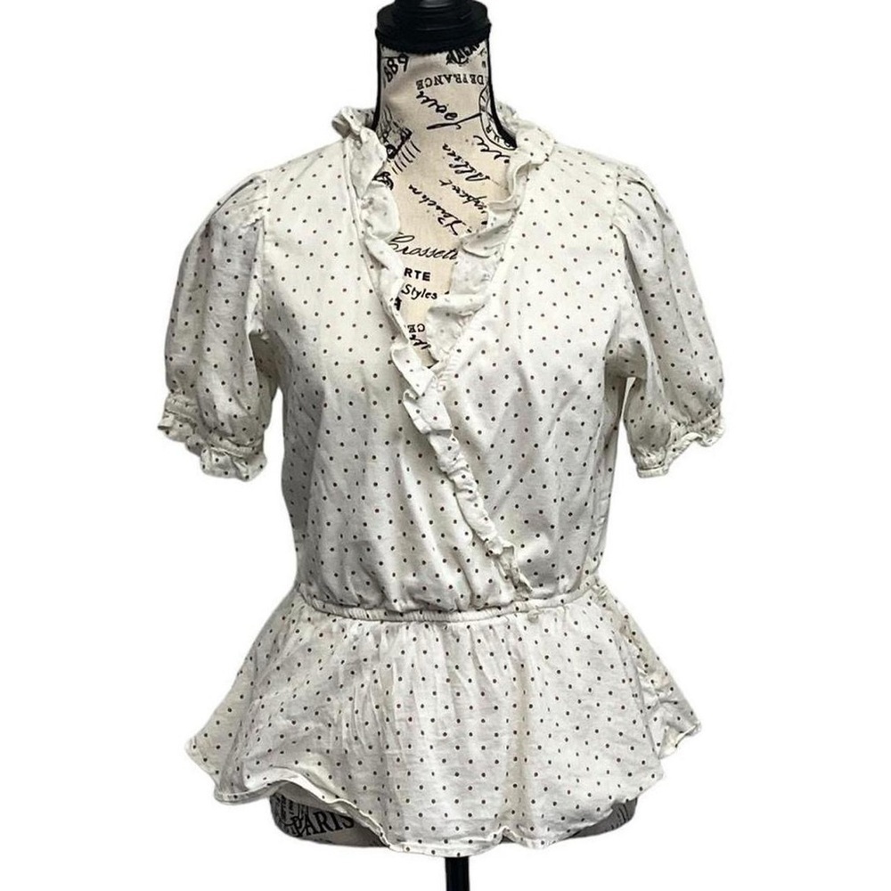 LC Lauren Conrad Cream Polka Dot Ruffle Wrap Blouse - Picture 2 of 9